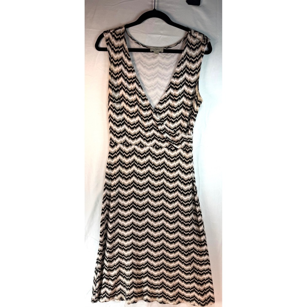 Ann Taylor LOFT Chevron Faux Wrap Dress Womens 4 Black Tan Zig‎ Zag V-Neck Knit